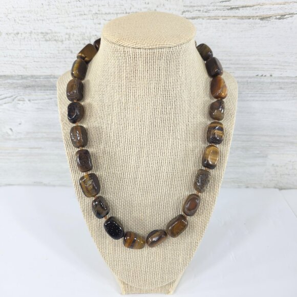 TIGER'S EYE NATURAL GEMSTONE WITH STERLING SILVER .925 NECKLACE 20 in 110gr - Picture 1 of 16